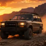 A rugged Old SUVs driving on a mountain trail