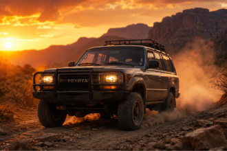 A rugged Old SUVs driving on a mountain trail