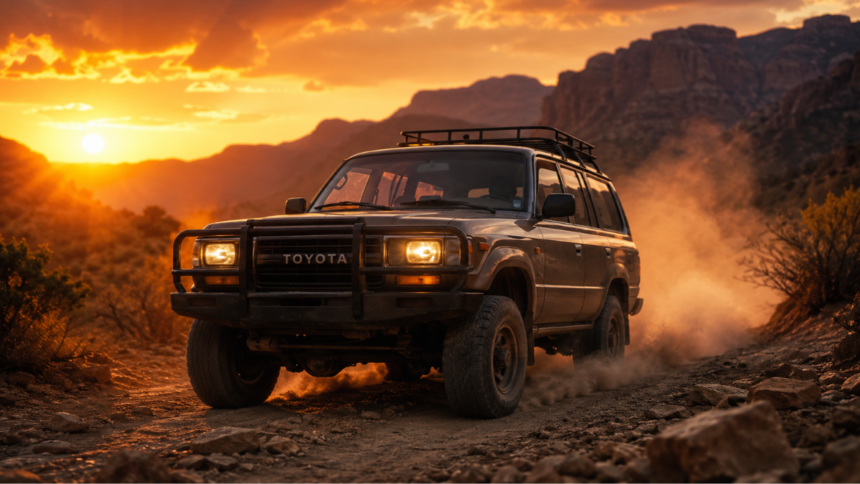 A rugged Old SUVs driving on a mountain trail