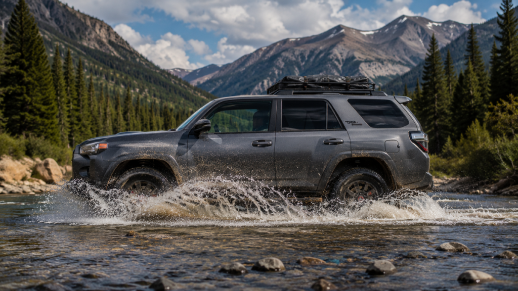 A rugged Toyota 4Runner driving through a small stream