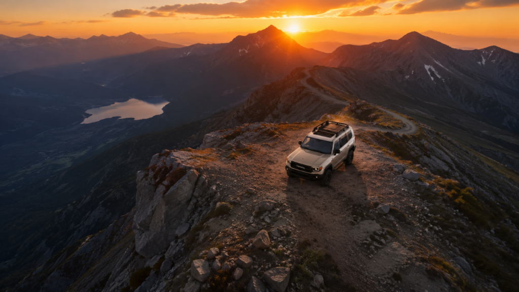 A rugged Toyota  Land Cruiser FJ parked on a mountain summit