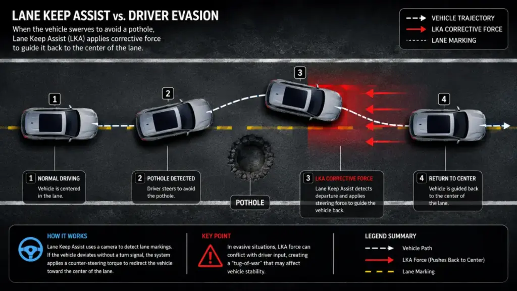 A schematic of Advanced Driver Assistance Systems interfering with an emergency lane change.
