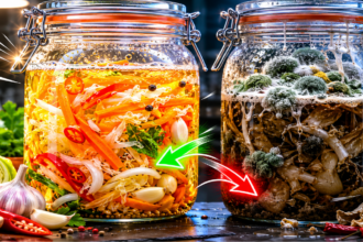 A scientific comparative view of clean and contaminated fermentation jars highlighting gut health probiotics from homemade fermented foods