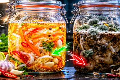 A scientific comparative view of clean and contaminated fermentation jars highlighting gut health probiotics from homemade fermented foods