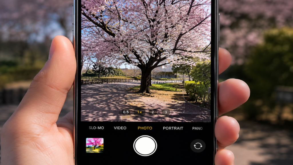 A smartphone illustrating the stark visual reality gap of a camera preview vs processed photo outcome.