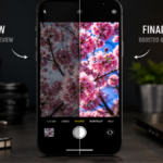 A smartphone showing a stark side by side comparison of a camera preview vs processed photo