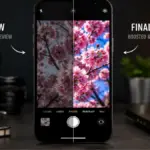 A smartphone showing a stark side by side comparison of a camera preview vs processed photo