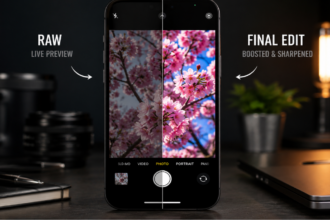 A smartphone showing a stark side by side comparison of a camera preview vs processed photo