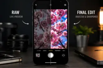 A smartphone showing a stark side by side comparison of a camera preview vs processed photo