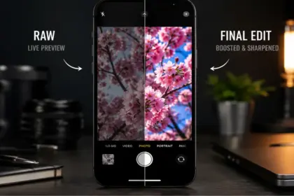 A smartphone showing a stark side by side comparison of a camera preview vs processed photo