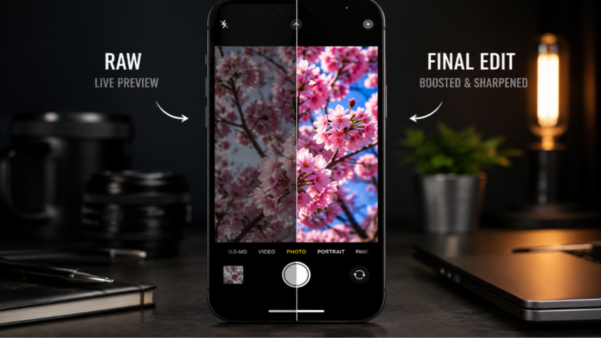 A smartphone showing a stark side by side comparison of a camera preview vs processed photo