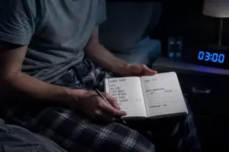 A survivor sitting in a dark bedroom struggling with chronic insomnia after chemotherapy