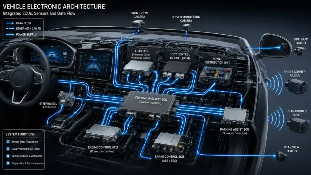 A technical diagram illustrating how Advanced Driver Assistance Systems integrate with vehicle hardware.
