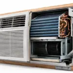 A technical diagram of a high efficiency window air conditioning unit for home cooling