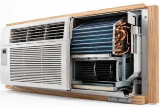 A technical diagram of a high efficiency window air conditioning unit for home cooling