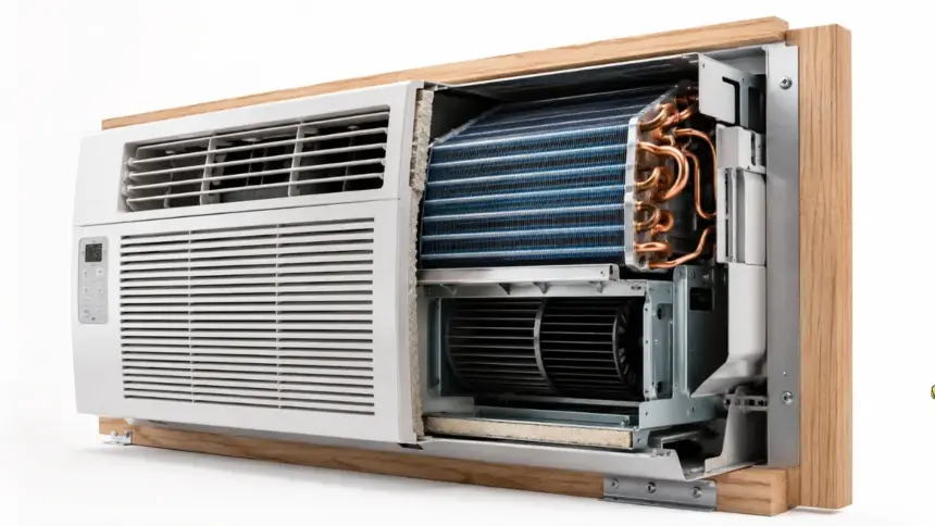 A technical diagram of a high efficiency window air conditioning unit for home cooling