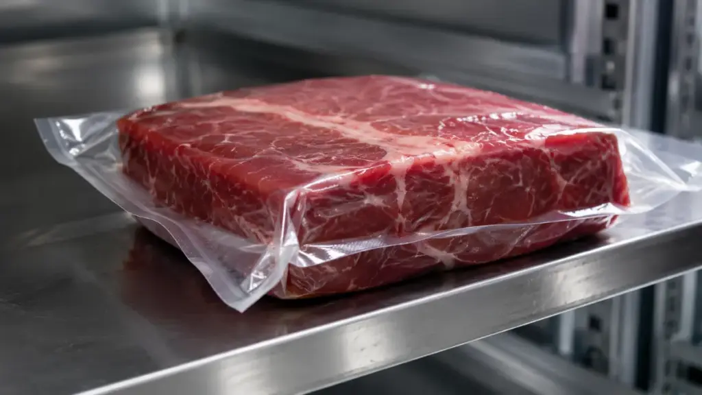 A thick raw meat block resting inside a clean vacuum sealed clear plastic storage bag on a modern restaurant shelf. No text.