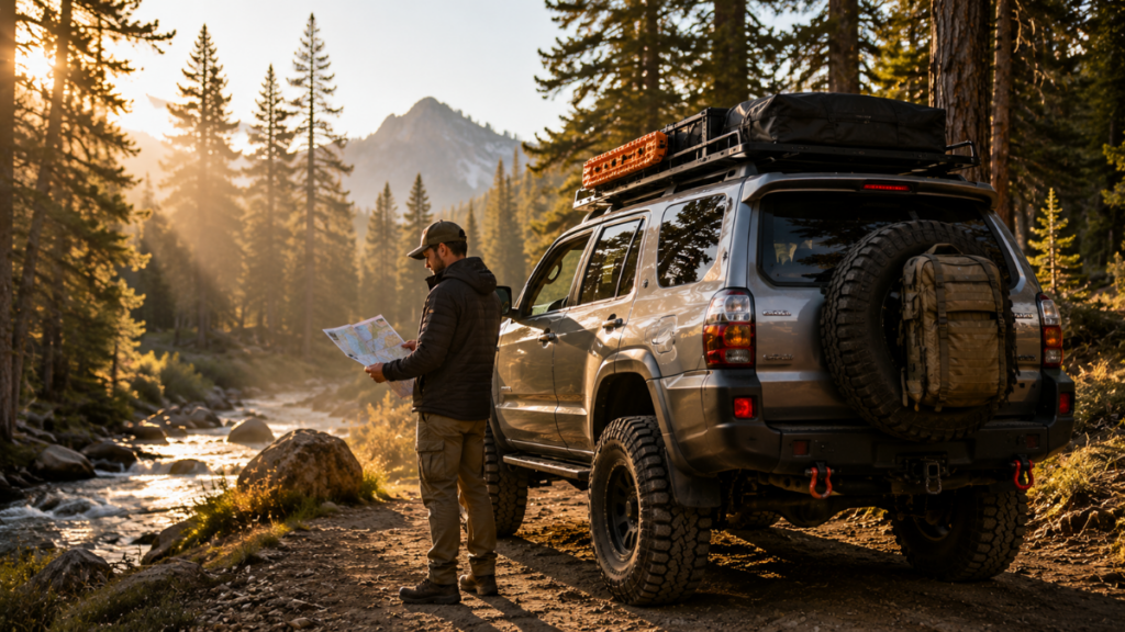  A traveler planning a route next to their Toyota 4Runner