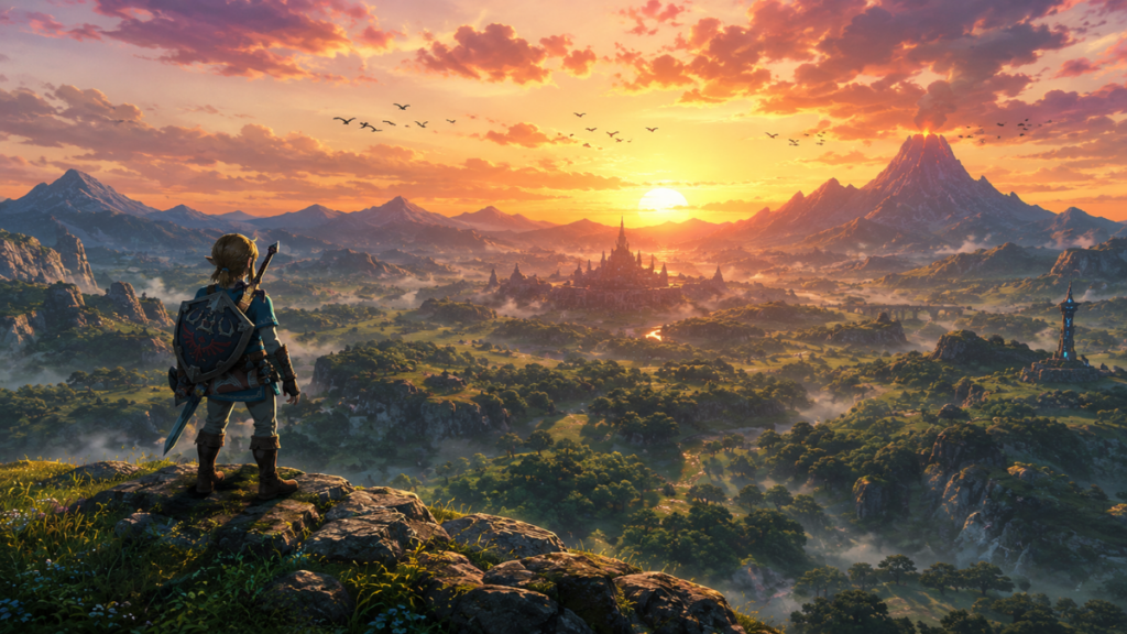 A wide, cinematic landscape view of Hyrule from the most iconic Zelda games in order.
