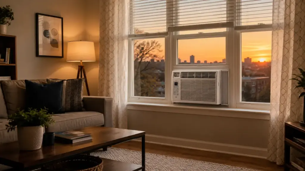  A window air conditioning unit in a residential bedroom.