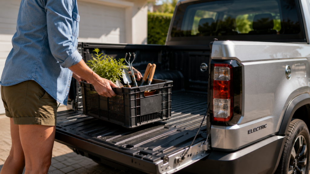  A woman loading gardening equipment into the bed of a silver compact Electric Truck in a suburban driveway.