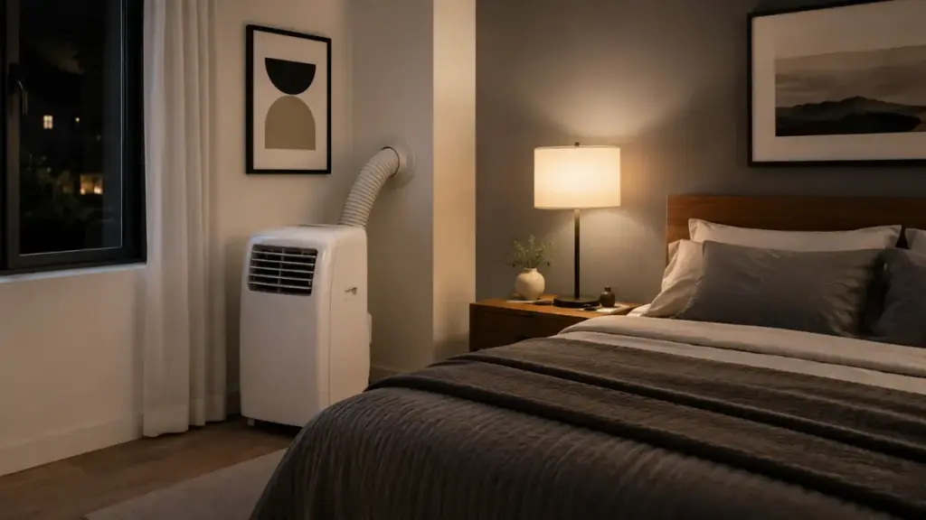 AC portable air conditioner in a bedroom.