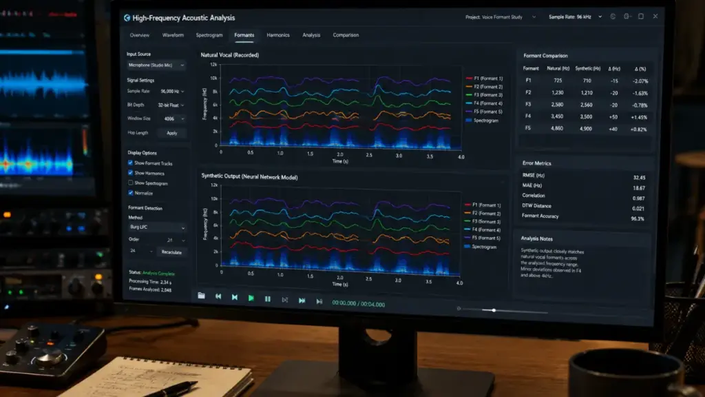 AI scams frequency spectrum showing deepfake speech processing and vocal matching