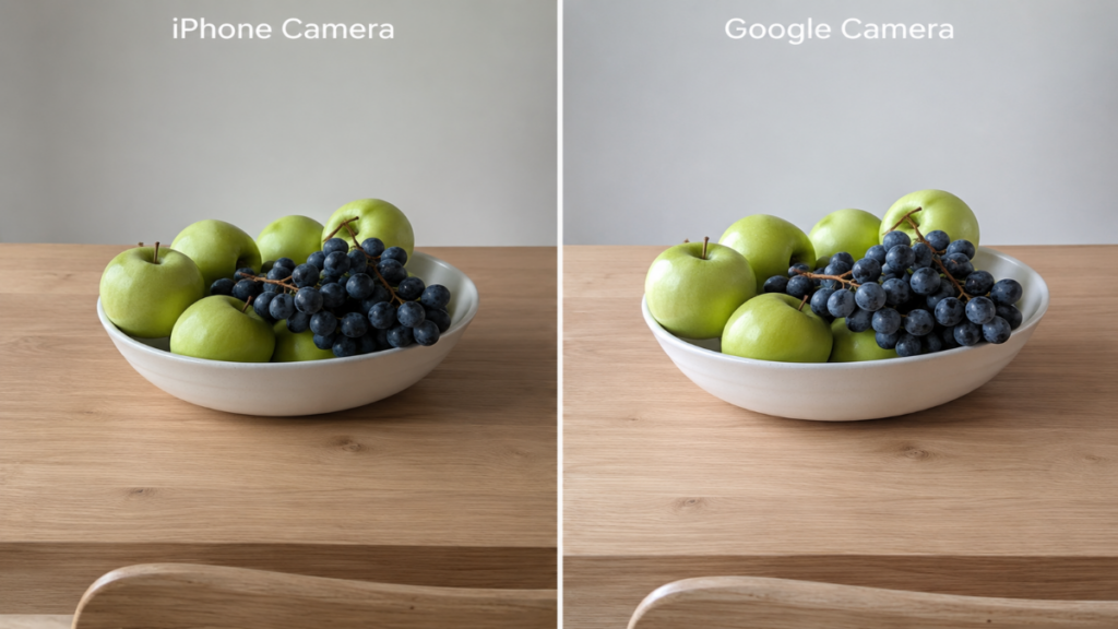 Accurate color reproduction demonstrating Google Camera vs iPhone Camera rendering profiles