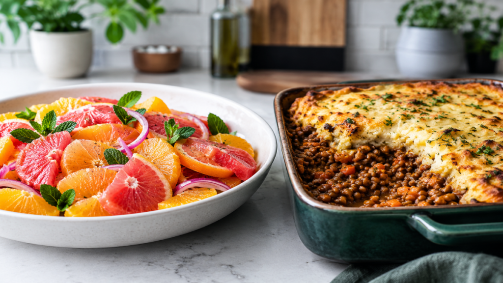 Acidic fruit salad and savory pie illustrating mistakes to avoid when serving vegetarian shepherd's pie recipe.