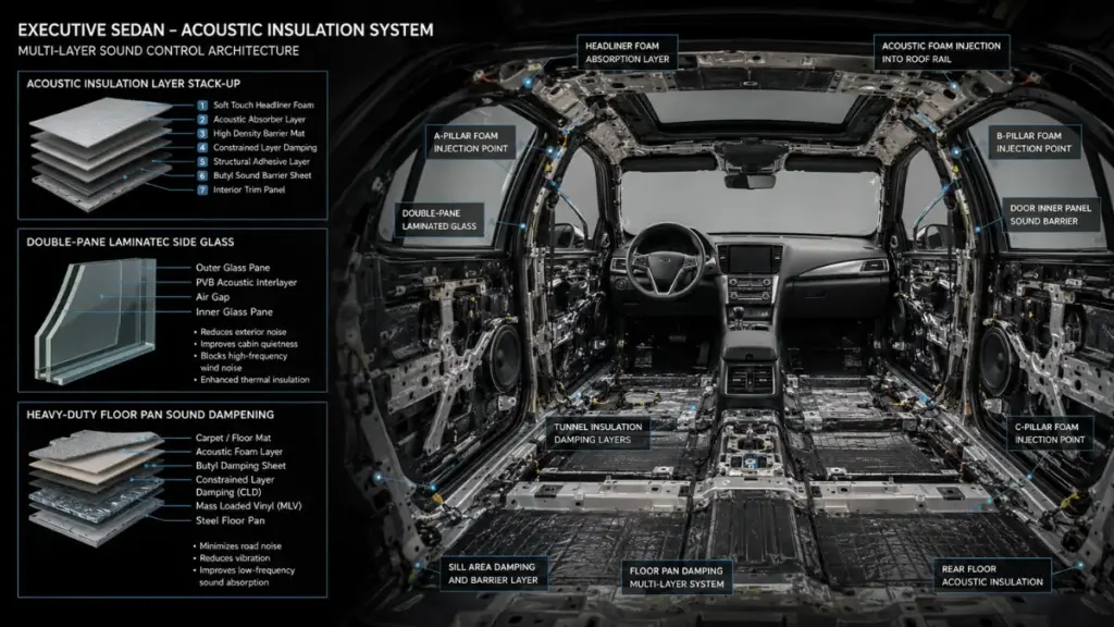 Acoustic soundproofing layers and chassis engineering inside a Toyota Avalon cabin.