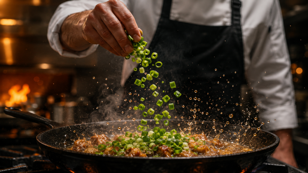 Action-shot-of-a-sizzling-10-minute-skillet-used-in-easy-lazy-dinner-recipes-for-tight-schedules.