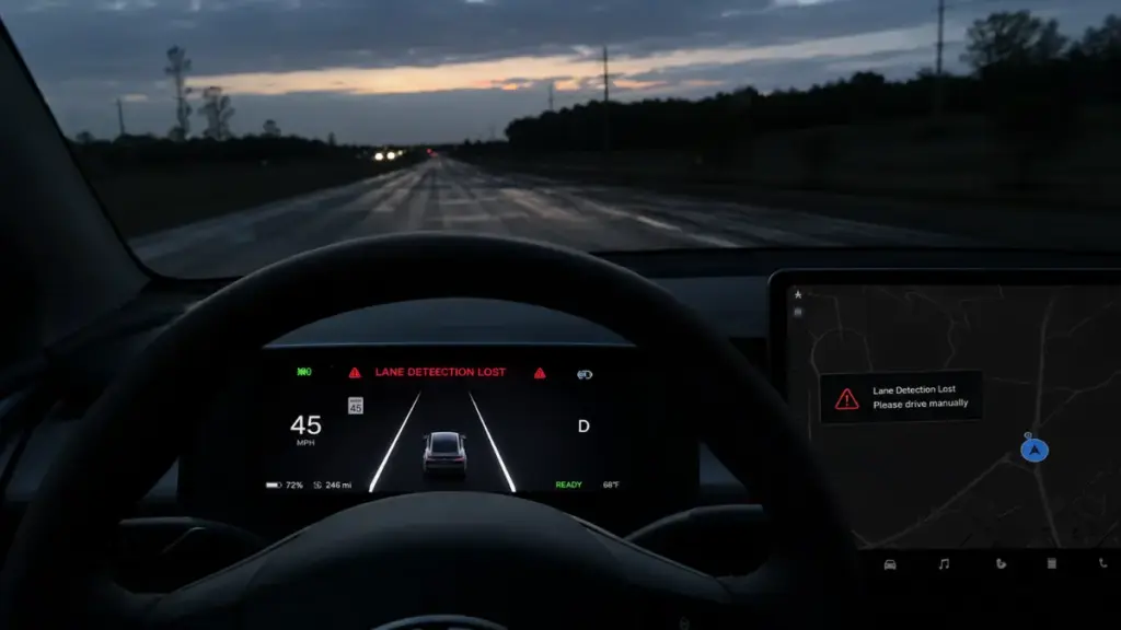 Advanced Driver Assistance Systems struggling to detect faded lane markings in poor light conditions.
