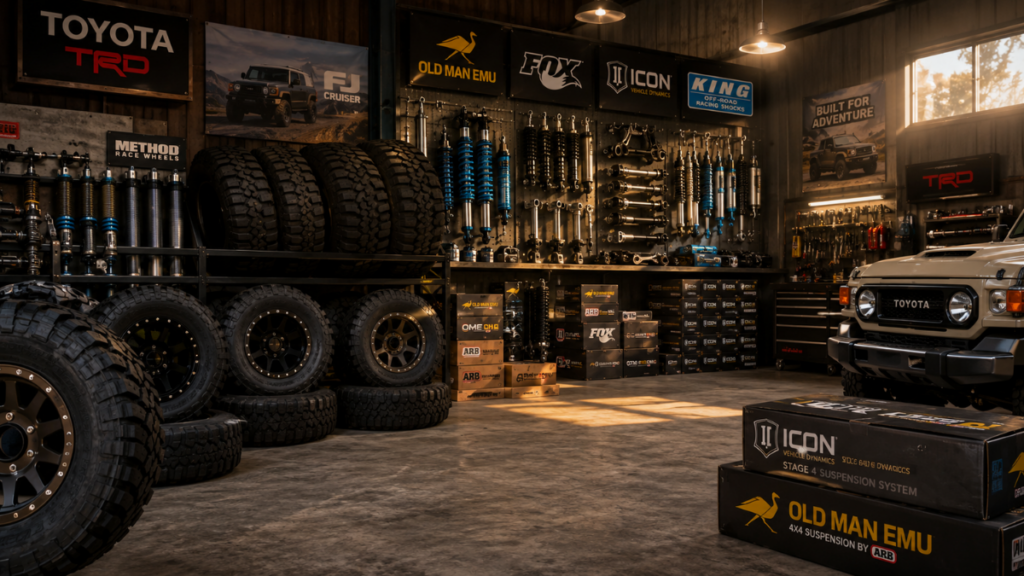 Aftermarket suspension parts ready for installation on a Toyota Land Cruiser FJ vehicle