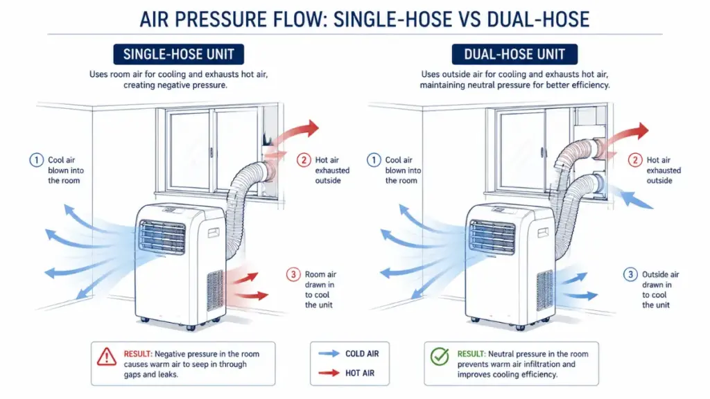 Air pressure comparison of AC portable air conditioner types.