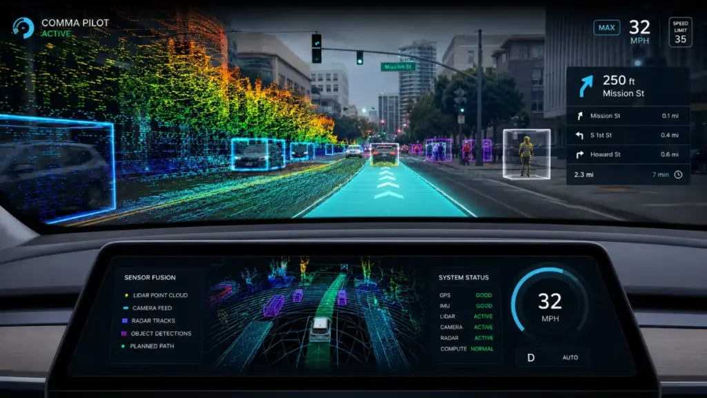 An AR interface displaying sensor data for Advanced Driver Assistance Systems.