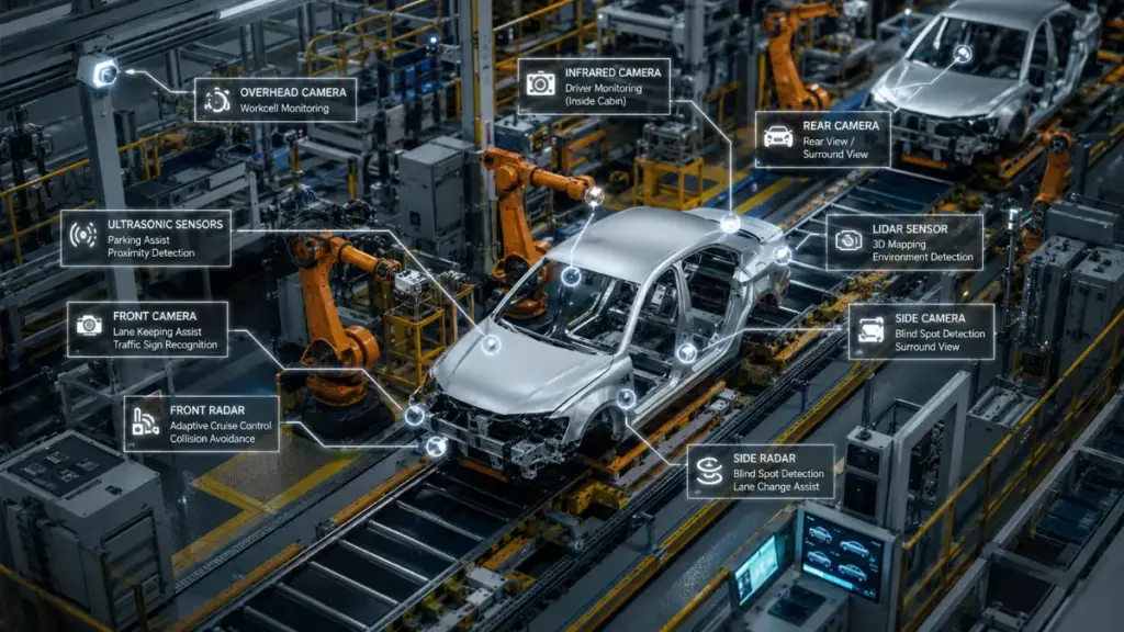 An assembly line showing the integration of Advanced Driver Assistance Systems.