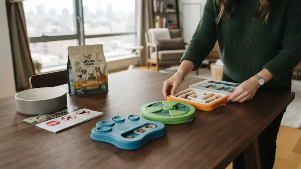 An urban pet owner arranging high quality plastic puzzle boards neatly on a dark wood table inside a modern flat near a pet food recalled warning list-dogg