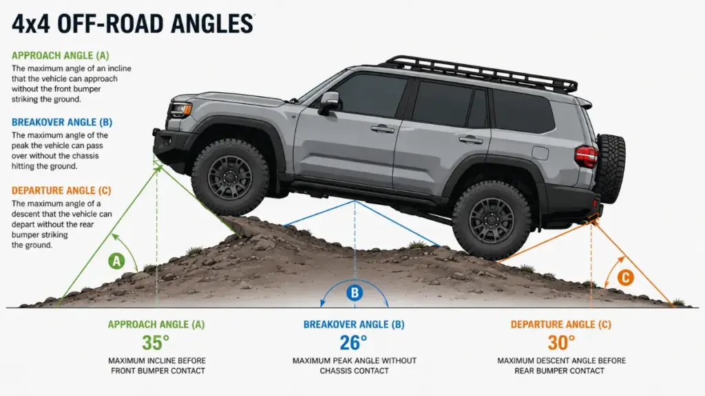  Approach and departure angle geometry diagram for an Off Road SUV 