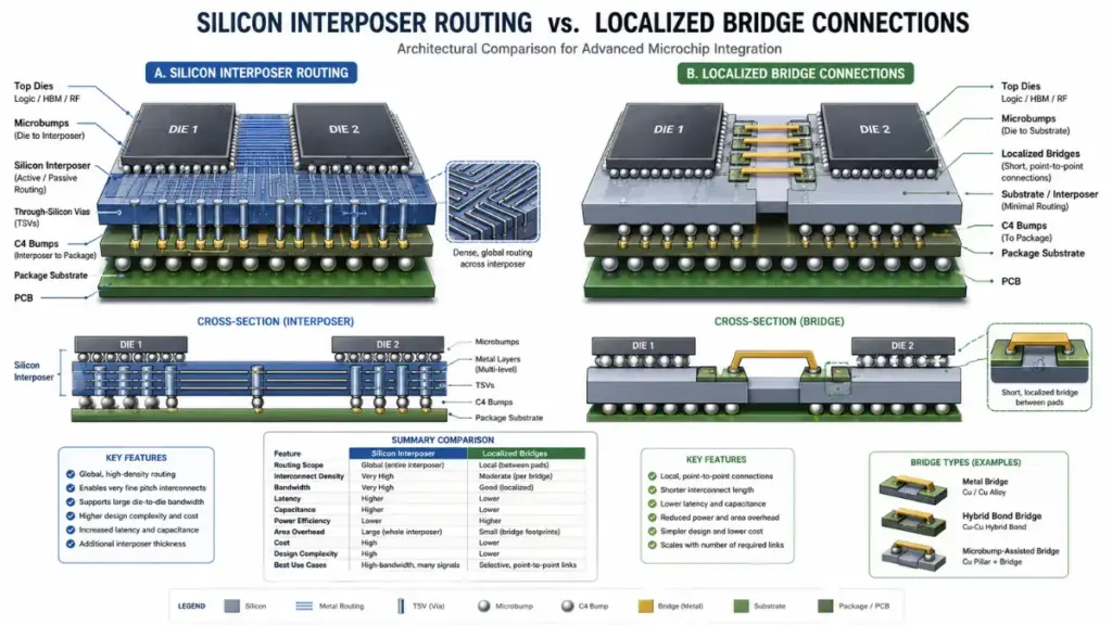 Architectural comparison diagram of advanced semiconductor packaging methods