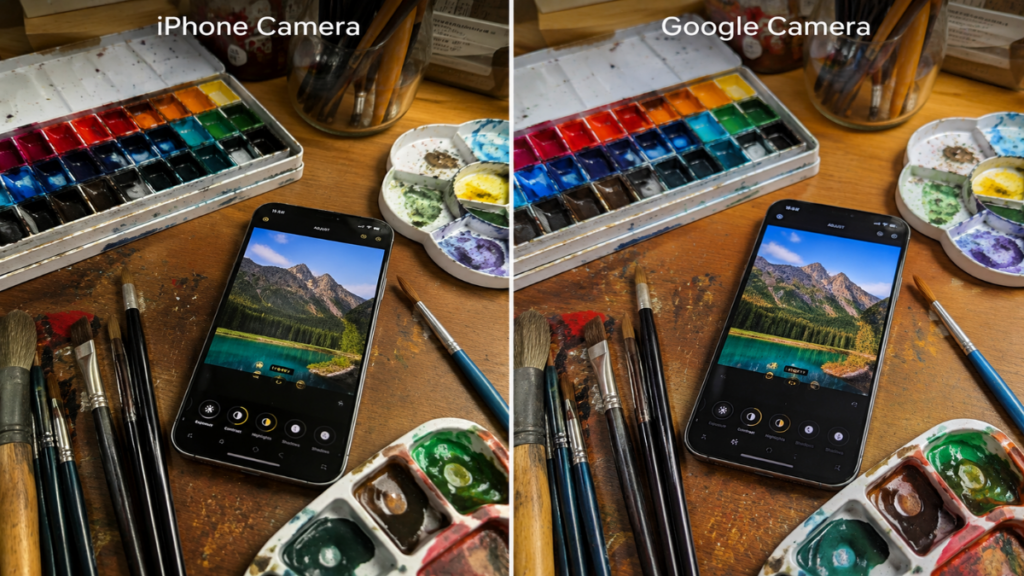Artistic workspace displaying concepts of Google Camera vs iPhone Camera style preferences