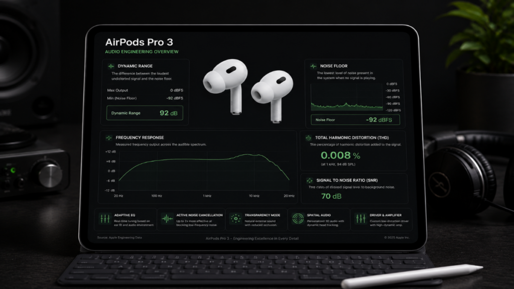 Audio feature comparison chart highlighting essential metrics for an AirPods Pro 3 assessment