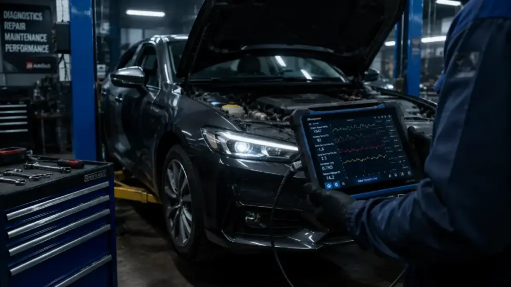 Auto repair shop technician conducting software diagnostic scans on aging discontinued cars.