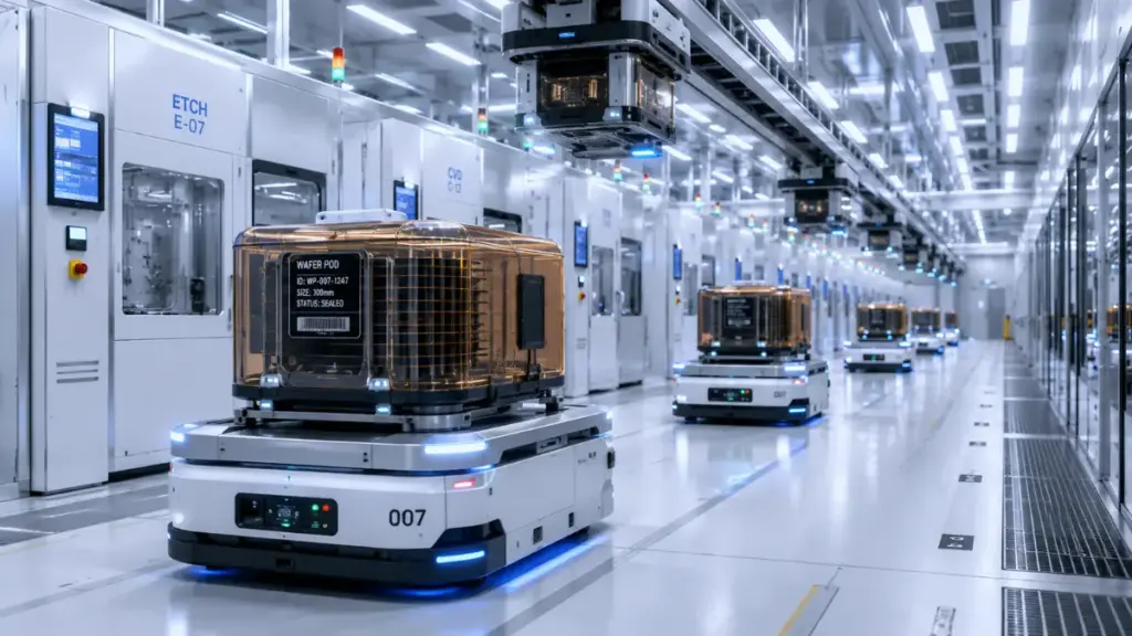 Automated wafer transport equipment in advanced semiconductor packaging facility