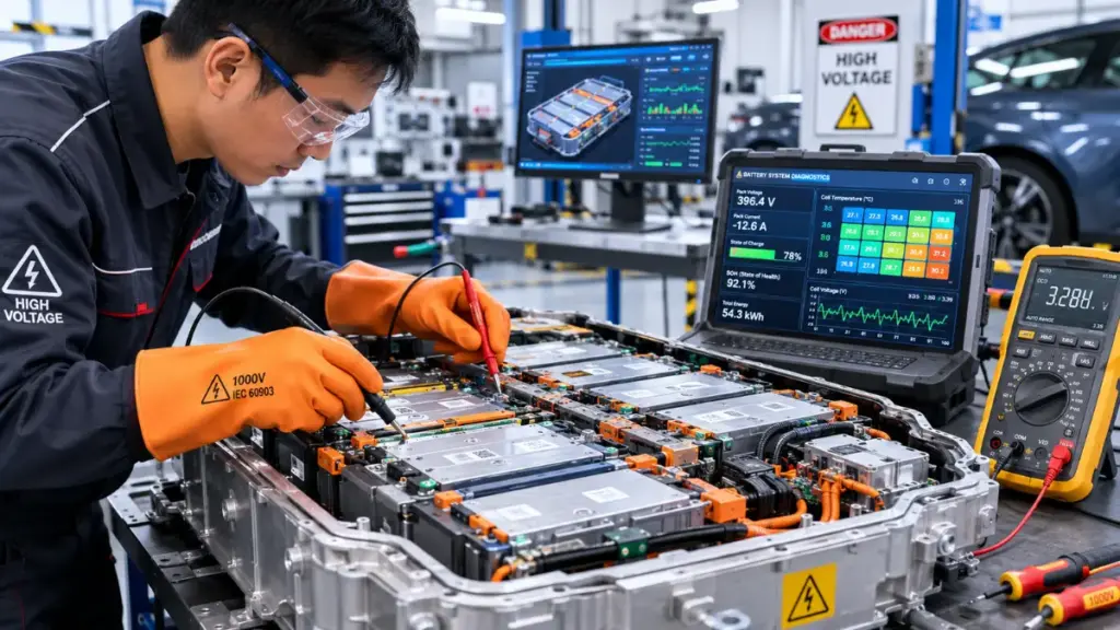 Automotive technician in safety gear inspecting EV battery modules during a high-voltage diagnostic procedure.