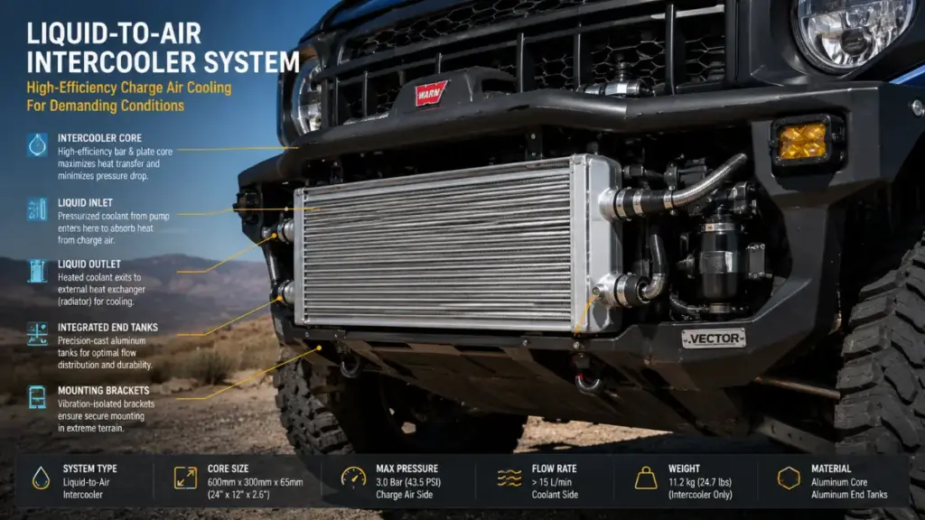 Auxiliary liquid intercooler installed on a modern Toyota Land Cruiser