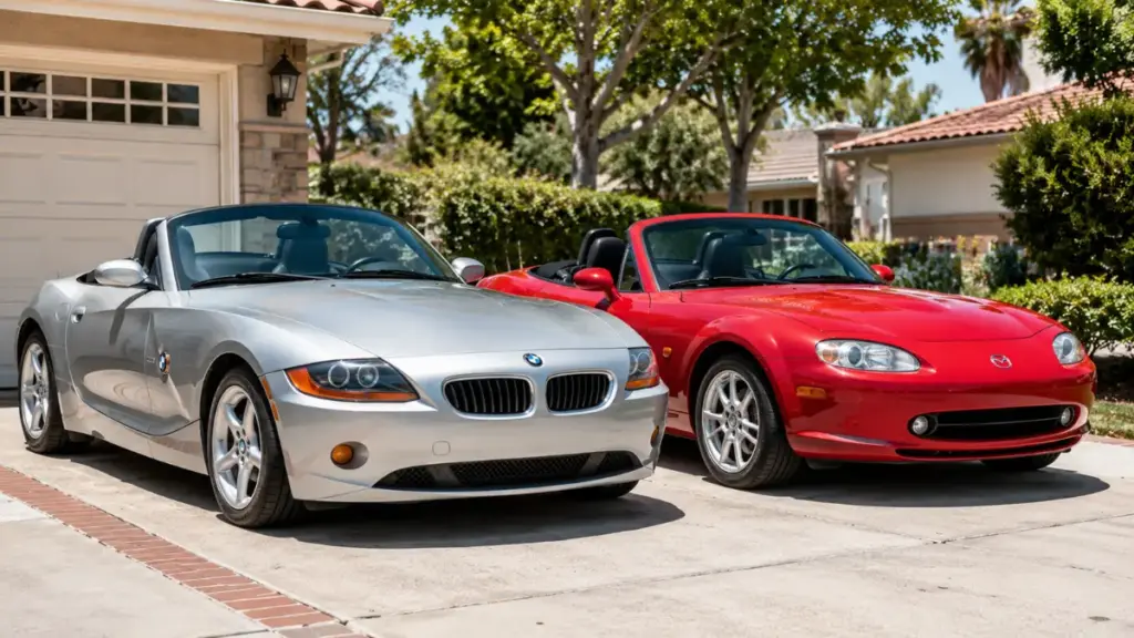  BMW Z4 and Mazda Miata parked together representing accessible roadster price options Porsche Boxster.