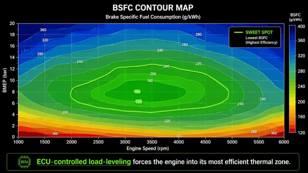 BSFC chart showing How Hybrid Sedans Save Fuel Without Plugging In via load management.