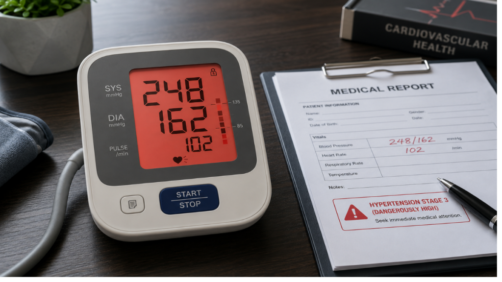 Blood pressure monitor showing spikes linked to misconcepts about the healthiest cooking oil for heart.