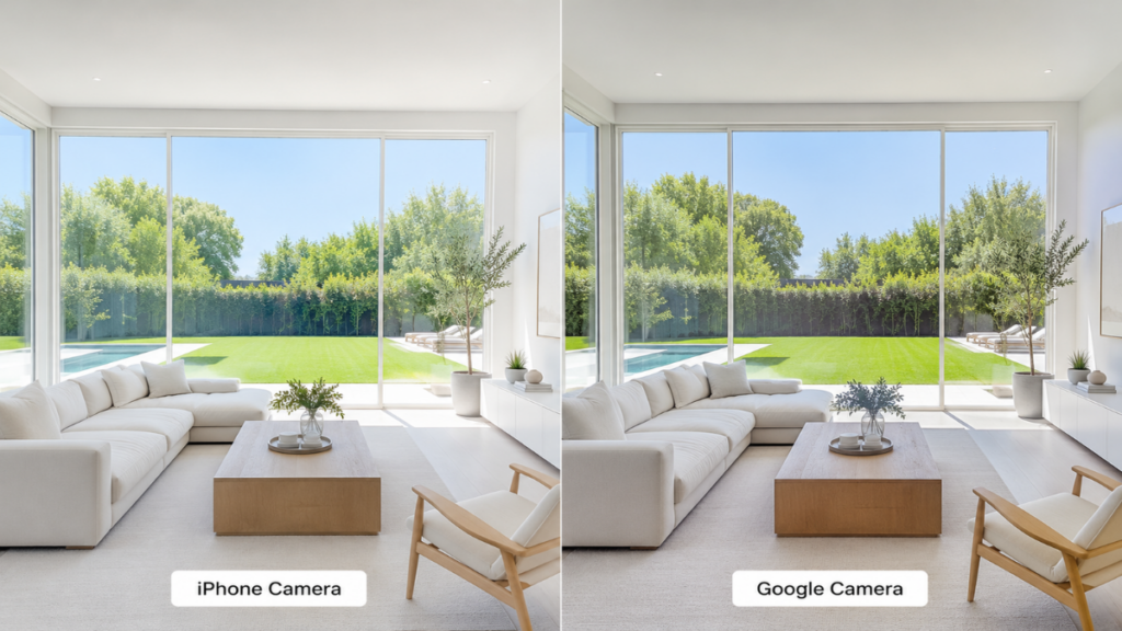Bright open living room comparing Google Camera vs iPhone Camera exposure mapping