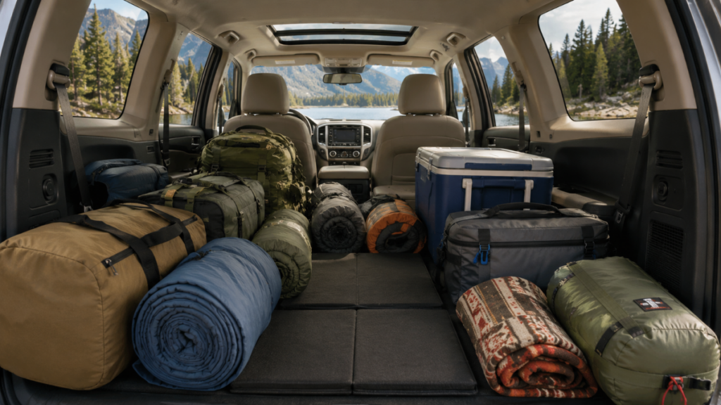 Camping gear stored in the cargo area of a Toyota 4Runner